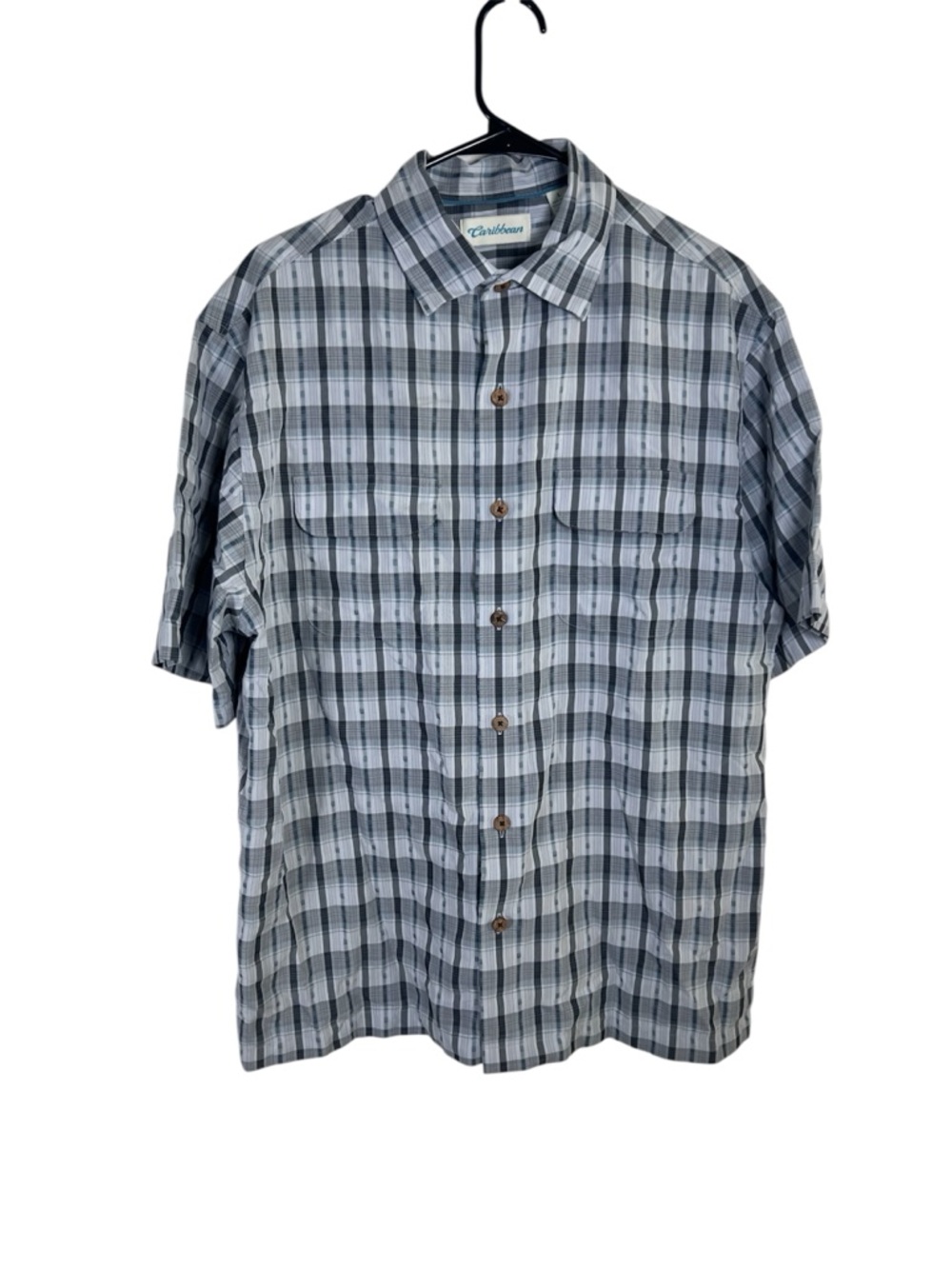 Caribbean Short-Sleeve Plaid Button-Down Shirt - Gray & Blue Size L